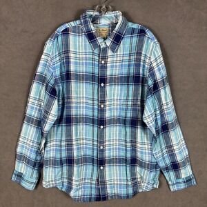 LL Bean Shirt Men's Large Blue Plaid 100% Linen Button Up Slightly Fitted‎